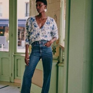 Sézane Lisette Cardigan – Blue & White Floral Wool/Mohair – Size XS